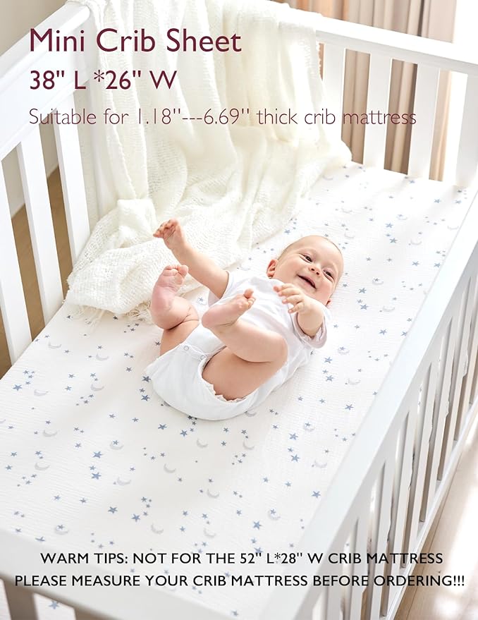 Momcozy Muslin Fitted Mini Crib Sheets, 38''x26'', 2 Pack Soft Breathable Natural Cotton Baby Mattress Sheet, 360° Mattress Wrapping No Slip Boys Girls Neutral Toddler Bed Sheet, Blue Star Moon