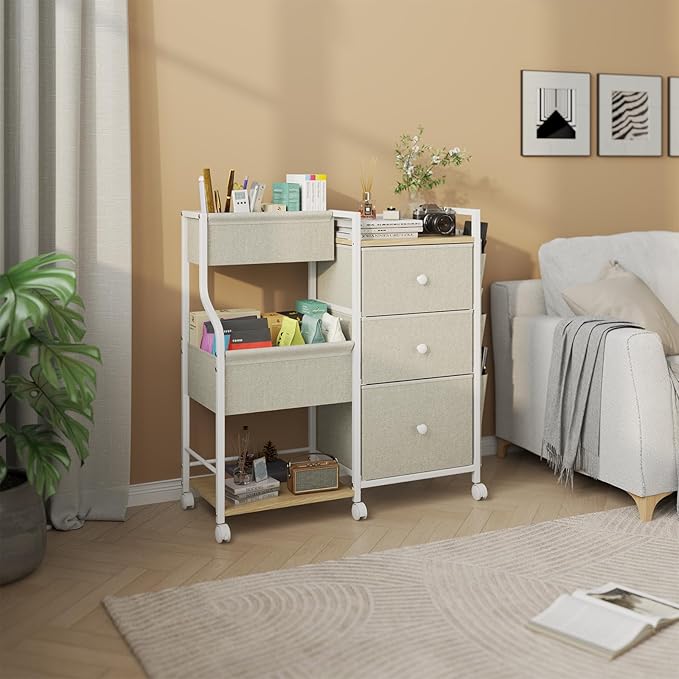 Baby Diaper Caddy, 3 Tier Baby Organizer and Storage Cart with Dividers and Drawers, Mobile Utility Rolling Cart, Newborn Baby Essentials Storage Cart with Wheels for Nursery, Bedroom, Beige