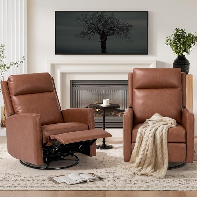 COLAMY Recliner Chair, PU Leather 360° Swivel Rocker Recliner, Nursery Glider Recliner with Ergonomic High Backrest and Upholstered Deep Seat for Living Room, Bedroom, Color Cocoa