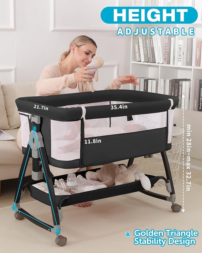 3 in 1 Baby Bassine Crib with Breathable Mesh, Bassinet Bedside Sleeper with Wheels, Mosquito Net, Storage Basket, 6 Height Adjustable, Easy to Fold, Rocking Bassinet for Baby, Black