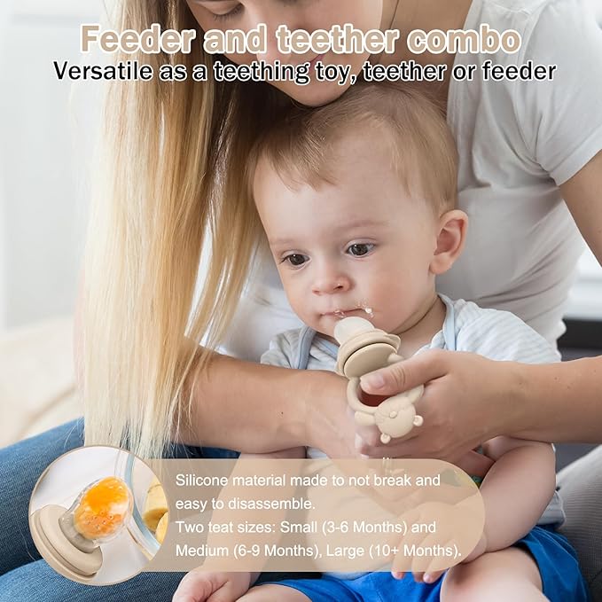 4 Pack Silicone Teething Mitten for Babies with Baby Fruit Food Feeder & Freezer Tray Set, BPA Free Infant Teething Relief Toy for 3 Month+, Additional Silicone Sacs (Bear&Smile Beige)