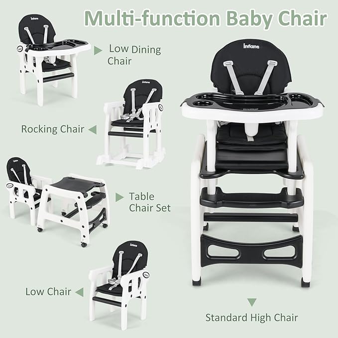 INFANS 5 in 1 Baby High Chair, Convertible Toddler Table Chair Set, Rocking Chair, Multi-Function Seat with Lockable Universal Wheels, Adjustable Seat Back, Removable Trays (Black)