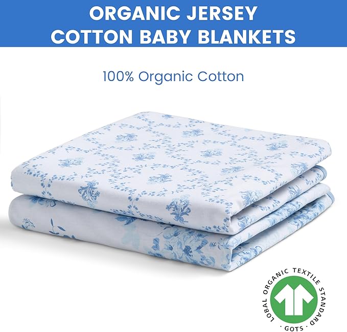 Delta Children 100% Organic Jersey Cotton Baby Receiving Blankets for Girls and Boys – 30x40 Inches - GOTS Certified (Pack of 2), Blue Botanicals