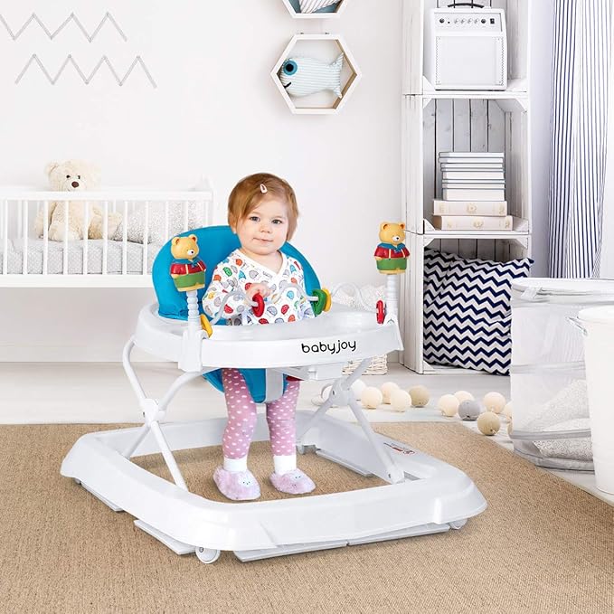 BABY JOY Baby Walker, Foldable Activity Walker with Adjustable Height, Large Tray & Removable Toys, Baby Walker with Wheels for Boys Girls 6-18 Months (Blue)