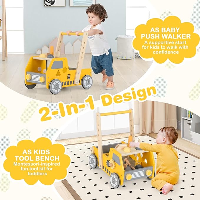 HONEY JOY Baby Push Walker, Adjustable Speed Baby Walker, Wooden Toy Tool Bench & Car Walker w/Shape Sorter, Develop Motor Skills & Creativity, Push Toys for Babies Learning to Walk, Gift, Yellow