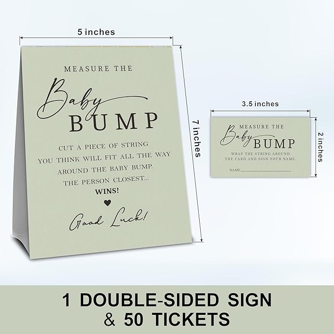 Light Green Baby Shower Measure The Baby Bump, Measure Mommy's Belly Game Set - 1 Self-Standing Sign And 50 Tickets - Gender Reveal, Baby Shower, Baby Announcement Activity & Party Favor Supplies -A13