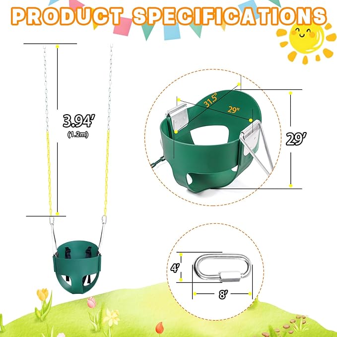 High Back Full Bucket Toddler Swing Seat with 3- Point Adjustable Safety Harness, 66 inch Detachable Chain,Suitable for Babies Aged 6-24 Months,Baby Swing for Swingset (Green)
