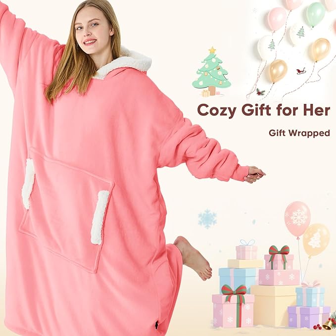 yescool Wearable Blanket Hoodie - Gifts for Women Her Girlfriend, Birthday Christmas Gifts For Mom, Oversized Flannel Sherpa Blanket Sweatshirt, One Size Fits All (Pink)