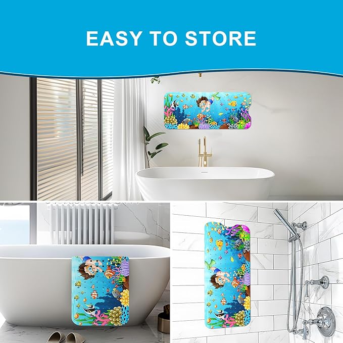 XIYUNTE Baby Bath Mat for Tub Non Slip Kids Bath Mat - 40''x16'' Extra Long Cartoon Child Bath Tub Mat Eco-Friendly Toddler Bath Mats with Suction Cups and Drain Holes, Easy to Clean & Easy Drying