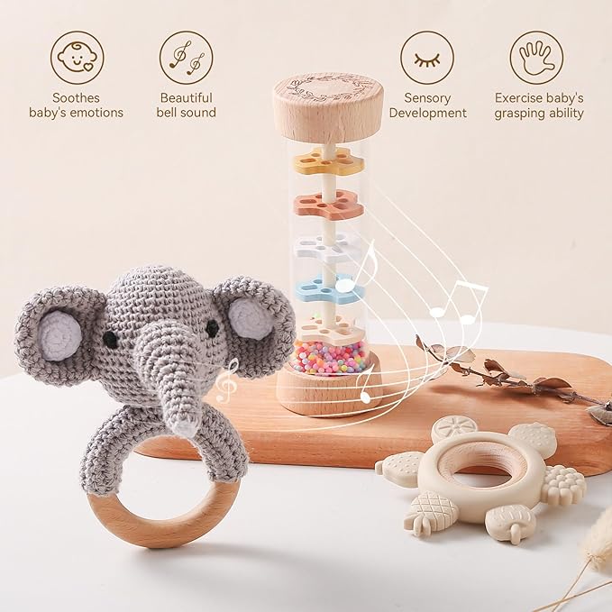 Youuys Wooden Baby Rattle Set (3pcs) - Crochet Rattle Rain Stick Teething Toys, Wooden Montessori Toy for Newborn Infant Baby Rattles Set Toys 3-6-12 Months (Gray Elephant)