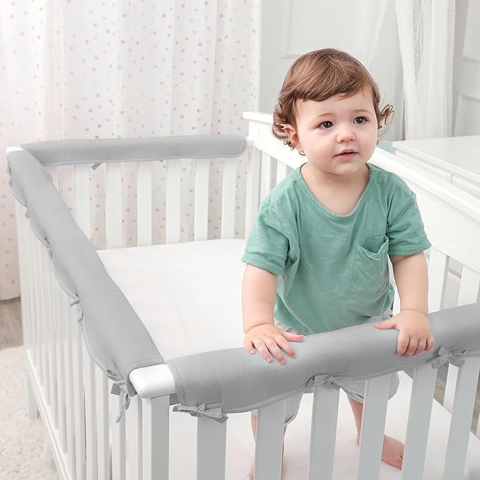 Gray 3pcs New Teething Edge Crib Rail Cover&Corner Guard Coverage Straps,Reversible Guardrail Cover Protector for Boys Girls(1 Long 2 Short)