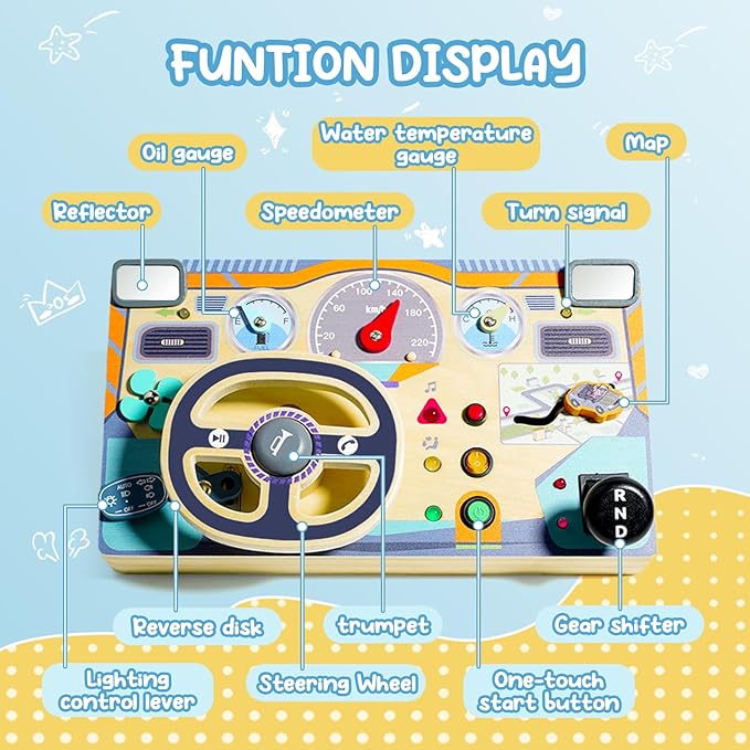 Busy Board Montessori Toys for 1 2 3 Year Old, Wooden Toddler Sensory Toys Busy Board with LED Lights Sound Switch, Toddlers Activity Travel Toy, Steering Wheel Toys Toddler Toy Gifts for Boys Girls
