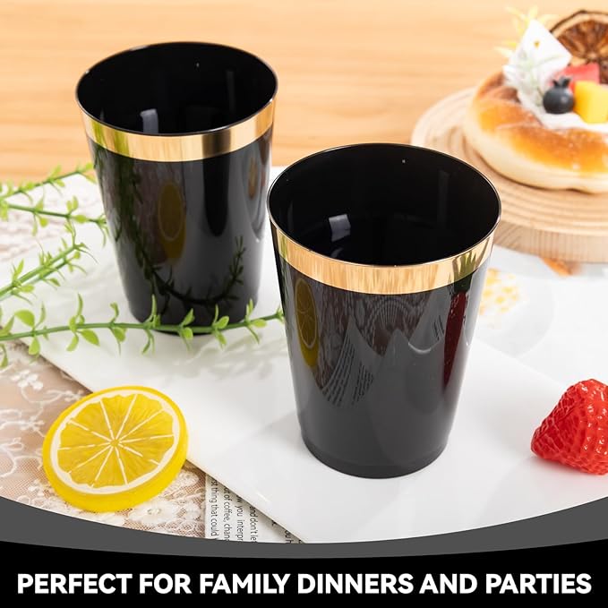 supernal 200pcs Black Plastic Cups 10oz – Disposable Cups with Gold Rim, Premium Black and Gold Plastic Cup, Disposable Cocktail for Wedding, Birthday, Halloween, Christmas & Thanksgiving Parties