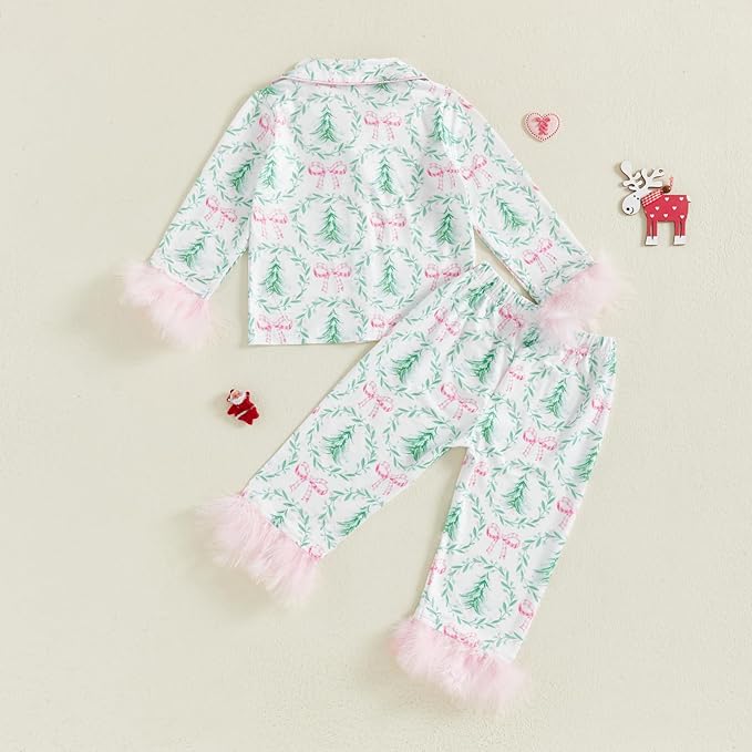 Toddler Kids Baby Girl Solid Pjs Ruffle Long Sleeve Button Shirt Top and Pants Cotton 2Piece Pajamas Set