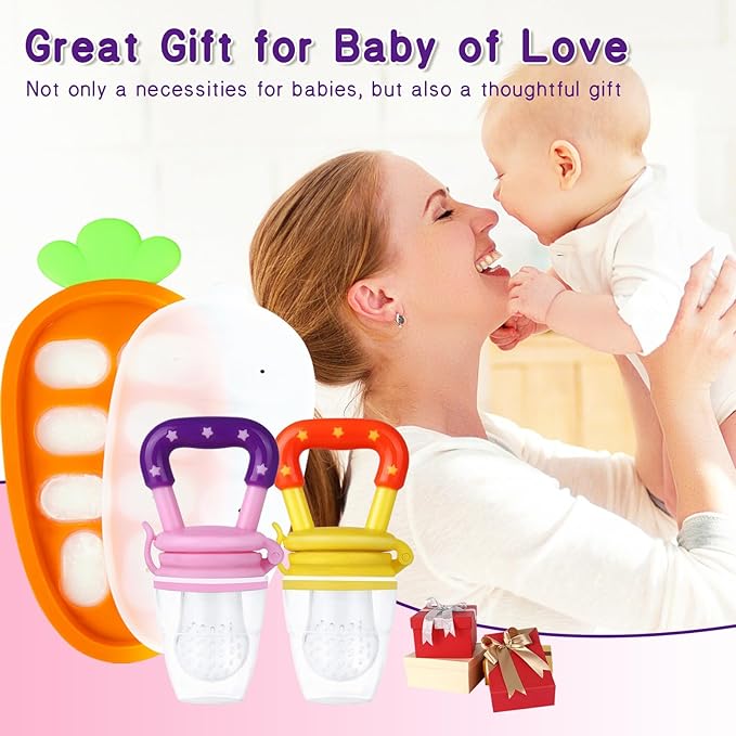 Baby Fruit Feeder with Ice Tray, BPA-Free Silicone Teether & Infant Feeding Set for 3-24 Months, Leak-Proof, Ergonomic Handle – Perfect for Puree, Yogurt & Frozen Snacks(Pink Yellow)