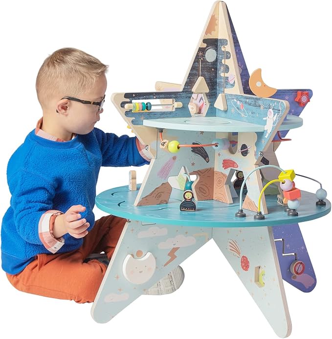 Manhattan Toy Double-Decker Celestial Star Explorer Wooden Activity Center with Shape Gliders, Spinners, Bead Runs and Alluring Artwork