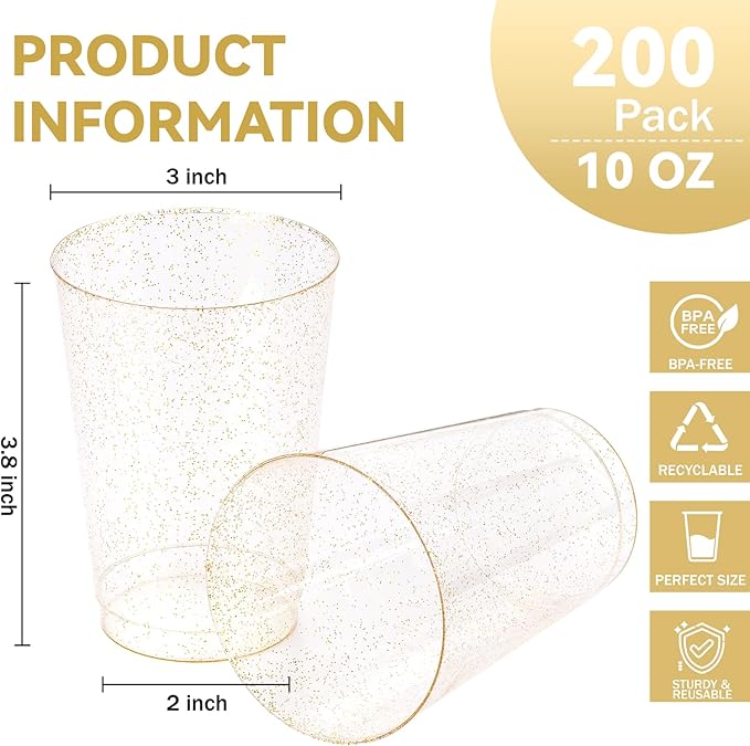 supernal 200pcs Gold Glitter Plastic Cups,10oz Disposable Plastic Cups,Disposable Glasses Tumblers,Drinking Tumblers for Party,Wedding,Birthday.