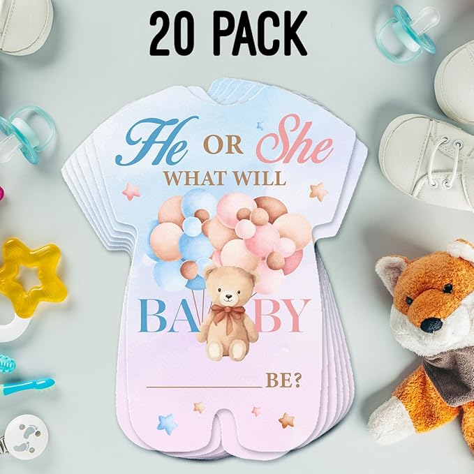 LyoGao Bear Gender Reveal Invitations - Balloon Bear He or She Baby Shower Party Fill in Invites Cards With Envelopes (20 Pack)