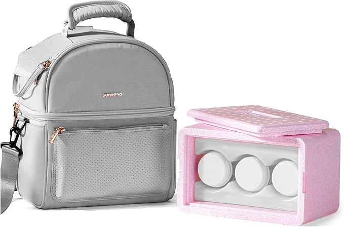 Sunveno Breastmilk Cooler Bag with 2 Ice Packs & Detachable EPP Insulation Box, 15-Hour Cold Retention Foil-Lined Leak-Proof Tote Fits 3 baby Bottles for On-The-Go Pumping Moms, Daycare & Travel,Grey