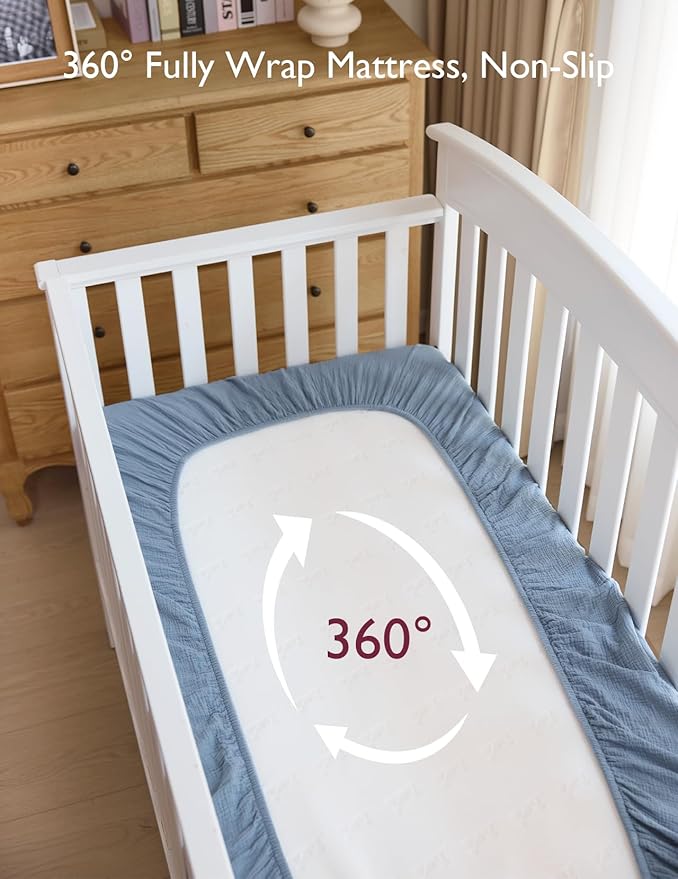 Momcozy Muslin Fitted Mini Crib Sheets, 38''x26'', 2 Pack Soft Breathable Natural Cotton Baby Mattress Sheet, 360° Mattress Wrapping No Slip Boys Girls Neutral Toddler Bed Sheet, Blue Star Moon