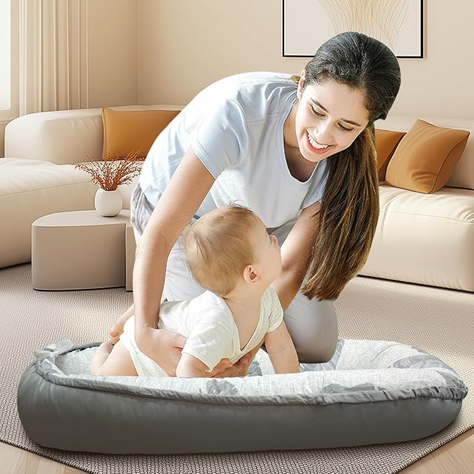 Baby Lounger for Newborn 0-24 Months, Baby Nest Cover Breathable and Soft Cotton, Infant Lounger with U-Shaped Safety Bumper for Cozy Comfort Baby Essentials (Leaves Grey)