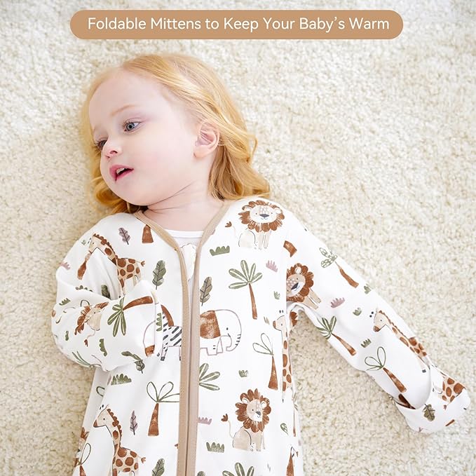 Baby Sleep Sack 18-24 Months, Long Sleeve Baby Wearable Blanket 0.5 Tog with Mittens, 2-Way Zipper Toddler Cotton Sleeping Sack for Boy and Girl Khaki Animal 2 Pack(XLarge)