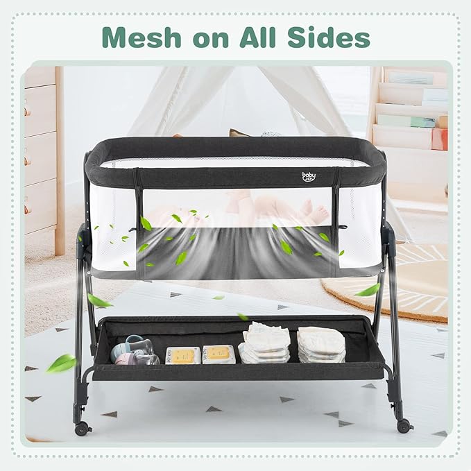 BABY JOY Bassinet Bedside Sleeper, Easy Folding Crib w/All-Side Mesh, Storage Shelf, 7 Adjustable Heights, Mattress & Travel Bag for Safe Co-Sleeping, Portable Bed for Newborn Infant -Black