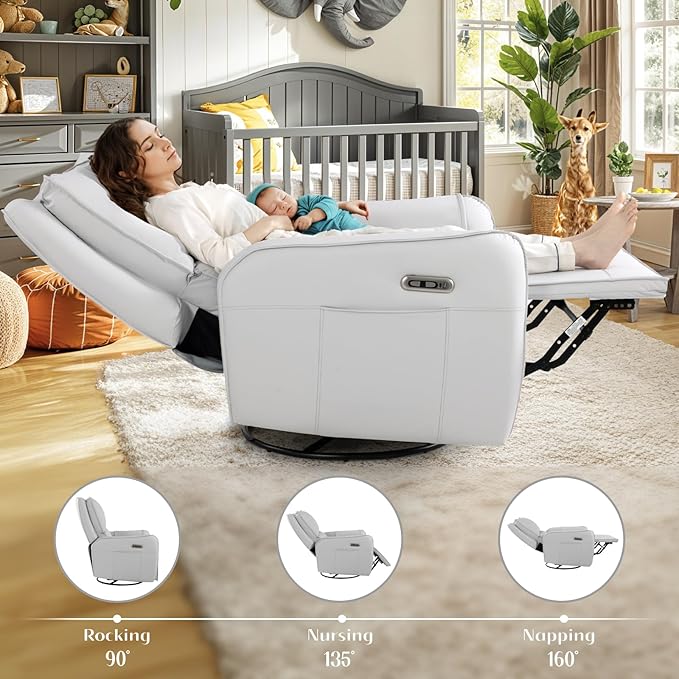 Power Recliner Rocking Chair Nursery Gliders, Electric Swivel Rocker Recliner Chair, Comfy Upholstered Living Room Reclining Chairs with Lumbar Support