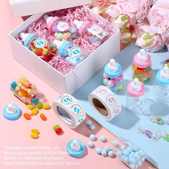 Tondiamo 48 Pcs Blue Pink Baby Shower Mini Bottle Favors 1. 5 x 3. 5 Inch Baby Shower Candy Jar Mini Milk Bottle Party Favor Fillable Gift Boxes for Boys Girls Birthday Party Games Decorations