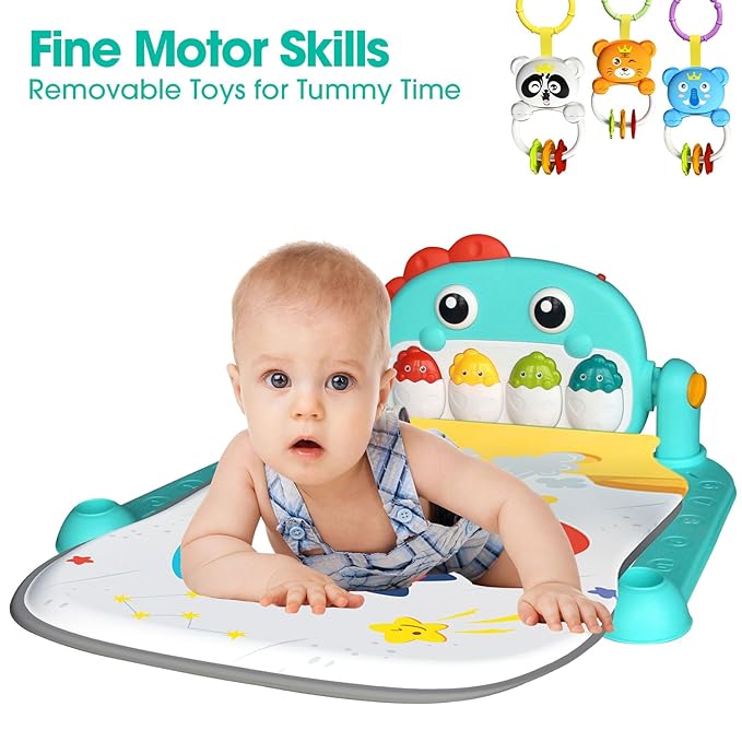 Baby Play Mat,Funny Tummy Time Mat Toys,Music & Light Kick and Play Piano Mat, Baby Play Gym for Newborn Infant,Baby Activity Center Mat with 5 Sensory Baby Toys 0-6-12 Months Dinosaur Theme