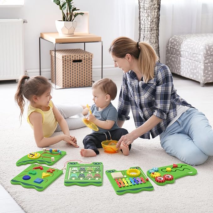 Crocodile Sensory Toys Activity Wall Panels, Educational Montessori Busy Board for Toddlers, Activity Cube - Sensory Wall, Wooden Learning Toys, Interactive Toy-Green