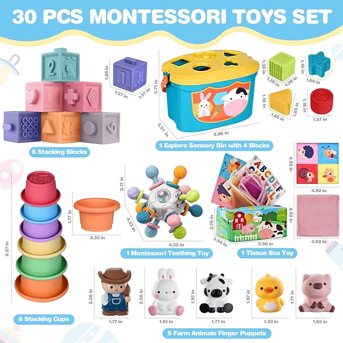 6 in 1 Baby Toys, 6-12 Months Baby Toys, 0-6 12-18 Montessori Toddler Gifts for Toddlers, Farm Animals Playset & Teething & Stacking Building Block Cup & Tissue Box & Sensory Bin for Development