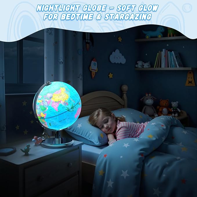 Illuminated World Globe for Children – 8" Globe Lamp with World Map for Kids, Stable Heavy Metal Base, Interactive STEM Learning Gift & Night Light