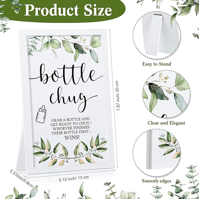 Roowest Bottle Chug Baby Shower Game Favors Including Eucalyptus Theme Wooden Sign and 18 Pcs Baby Bottles for Gender Reveal Party Supplies