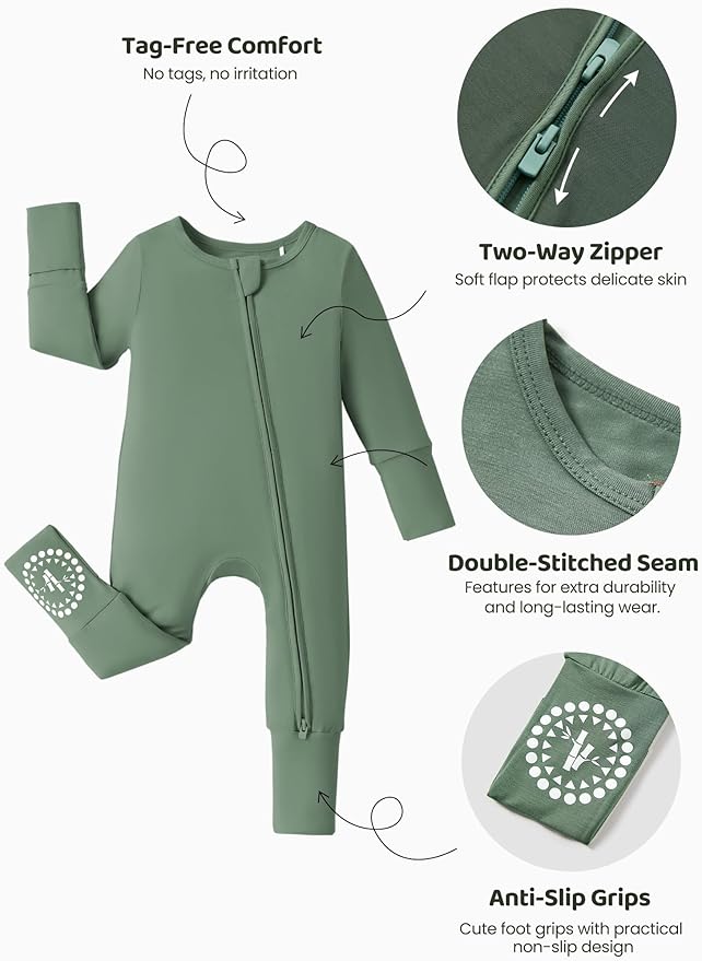 PATPAT Baby Footies Boys Girls - Bamboo Viscose - Zipper & Non-Slip Soles Romper Mitten - Footed & Footless Infant Clothes