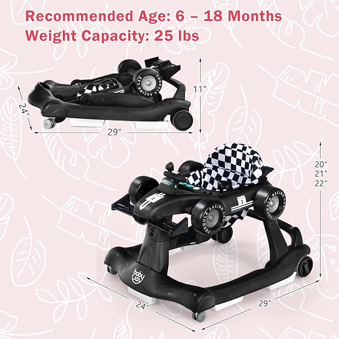 HOMGX Baby Walker with Wheels, Convertible Baby Push Walker & Race Car Mode, Infant Activity Center with Music Box, 3 Heights & 2 Speeds, Foldable Walkers for 6-18 Months (Black)