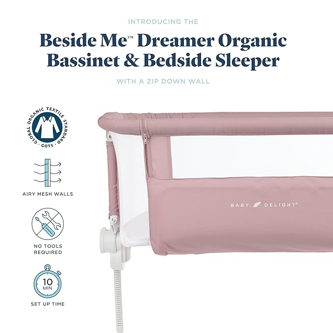 Baby Delight Beside Me Dreamer Bassinet | Bedside Sleeper & Baby Bassinet | 6-Position Height Adjustment | 100% GOTS Certified Organic Cotton Fabric | Organic Rose