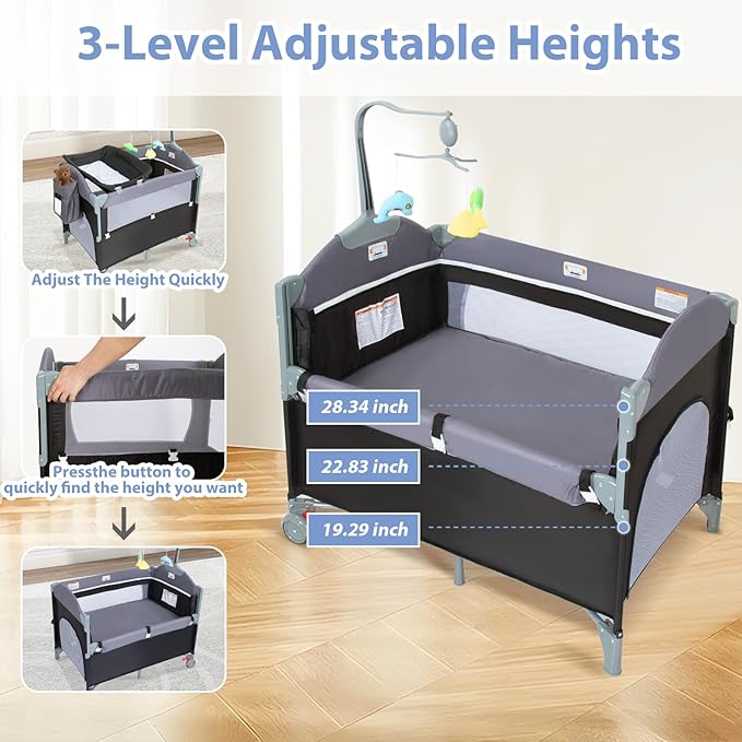 SIMPLGIRL 5-in-1 Baby Bassinet Bedside Crib, Pack and Play Long Next to Parents Bed Crib, Foldable Playard, Playpen Travel Bed Nursery Center for Girl Boy Infant Newborn