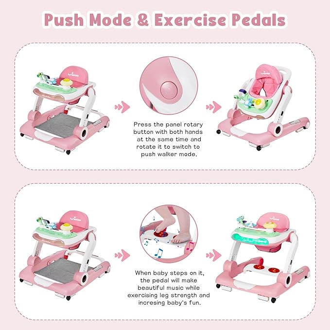 5 in 1 Baby Walker, Activity Baby Walker-Baby Bouncer, Rocker, Activity Center,Seat and Push Walker,Detachable Trampoline Mat, Adjustable Speed Rear Wheels and Height,Ages 6-18 Months (Pink)