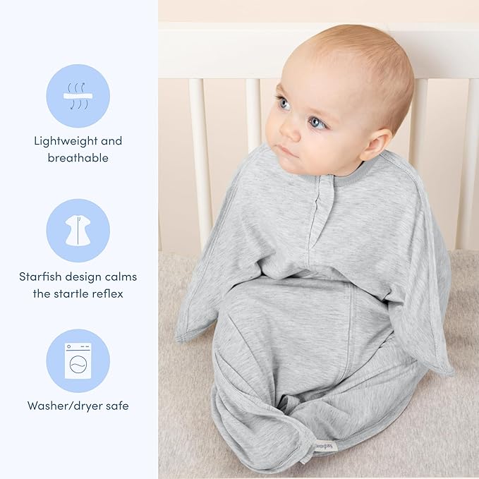 SleepingBaby Zipadee-Zip Transition Swaddle - Cozy Baby Swaddling Blanket with Zipper Convenience - Roomy Wearable Blanket for Easy Diaper Changes - 6-12 Month - Recharge Silver Heather