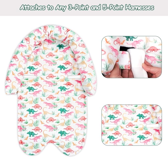 SWESEN Baby Car Seat Head Support, Super Soft 2 in 1 Infant Car Seat Insert, Reversible Newborn Car Seat Insert Cushion with Strap Covers for Strollers, Bouncers, Swing, Dinosaur