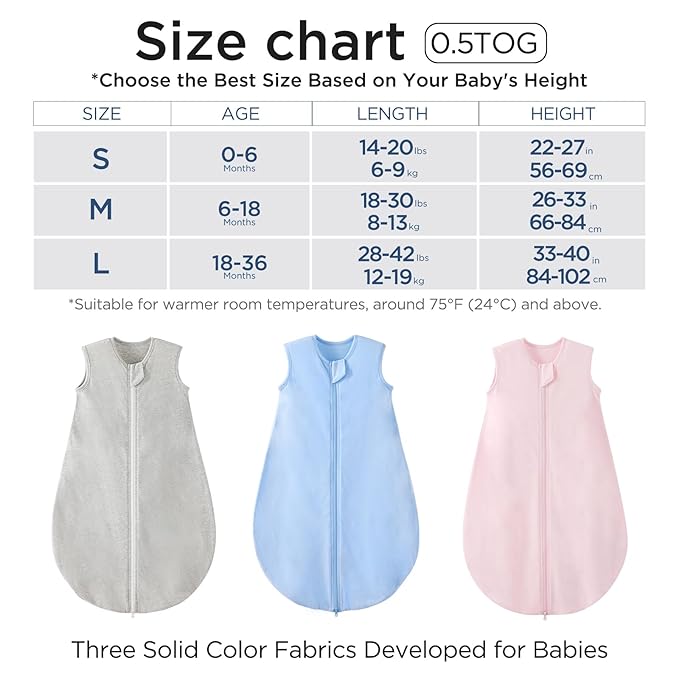 Duomiaomiao 3 Pack Baby Sleep Sack 100% Organic Cotton Lightweight Breathable Comfy Toddler Sleeping Sack (0.5tog Gray&Blue&Pink, Large)
