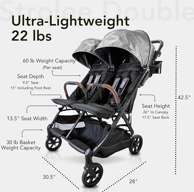 Lightweight Double Side by Side Stroller - 22 Lbs, 9.5" Compact Fold, Twin Nap Ready Seating, No Rethread Harness, Magnetic Buckle & Ultra Plush Seat 60Lb Per Seat- (v2 Fawn)