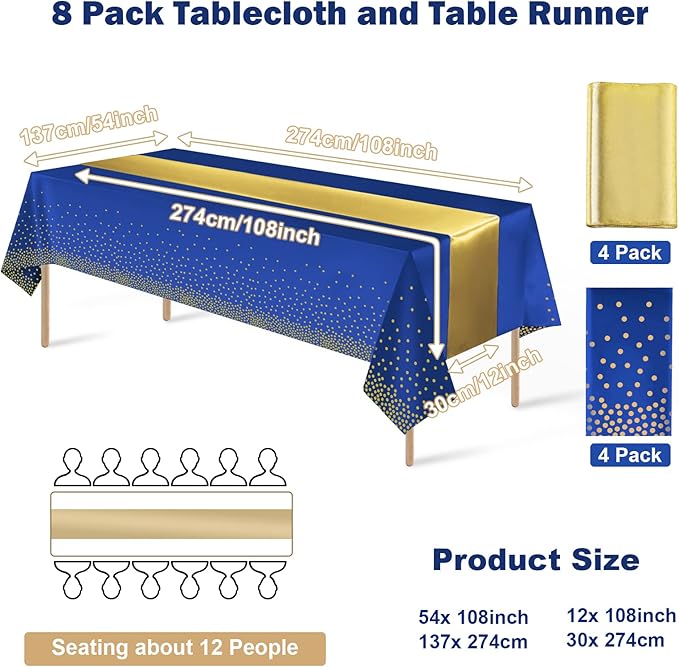 8Pack Disposable Plastic Tablecloths and Satin Table Runner Set Blue and Gold Dot Tablecloth Gold Satin Table Runner for Wedding Birthday Baby Shower Anniversary Christmas New Year Party Decorations