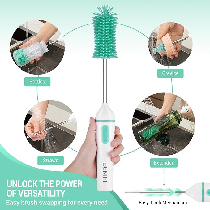 Travelling Electric Bottle Brush Cleaner, Baby Bottle Brush Set, Fully Water -Proof Bottle Brush, Long Handle Brush, BPA Free Silicon Brush Heads, Drying Stand, Milk Mixer, Egg Whisk Included