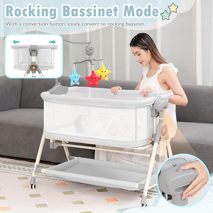 Rocking Baby Bassinet, Bedside Bassinet for Baby, 3 in 1 Bedside Sleeper with Musical Toys, Storage Basket and Wheels, Adjustable Bedside Crib for Newborn, White