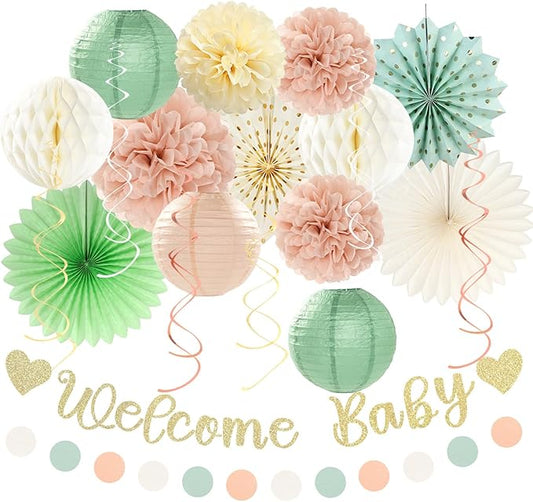 Sage-Green Blush-Beige Baby Shower Party-Decorations - 21pcs Girls Welcome Baby Banner,Light Dusty Pink Paper Lanterns Pom Poms,Safari Woodland Boho Neutral Streamers Garland Decor Favors Huglony