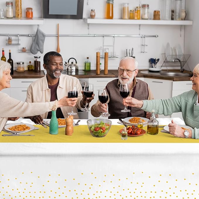 8Pack Disposable Plastic Tablecloths and Satin Table Runner Set White and Gold Dot Tablecloth Gold Satin Table Runner for Wedding Birthday Baby Shower Anniversary Christmas New Year Party Decorations