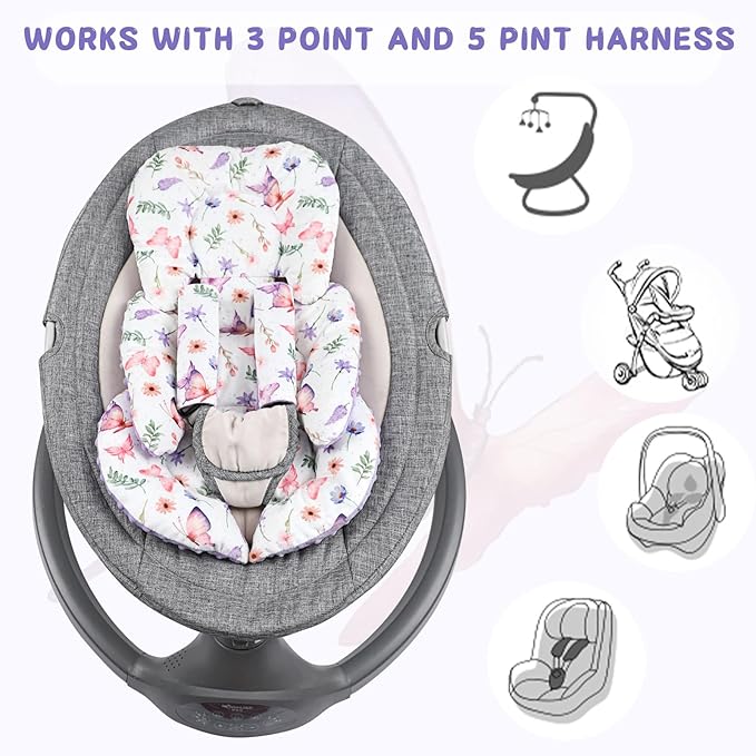 Pea Pod Infant Car Seat Insert with Strap Covers, All in One Reversible Baby Car Seat Head Support for Newborn, 3D Soft Minky Carseat Cushion for Preemie to Infant, Stroller, Swing, Bouncer, Butterfly