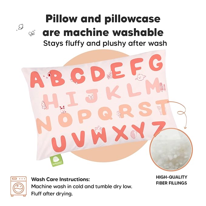 Toddler Pillow with Pillowcase - 13x18 My Little Dreamy Kids Travel Bed Pillows for Sleeping, Organic Cotton Small Pillowcase, Soft & Breathable, Machine Washable,Toddlers 2-5 years old(KeaABC Sakura)